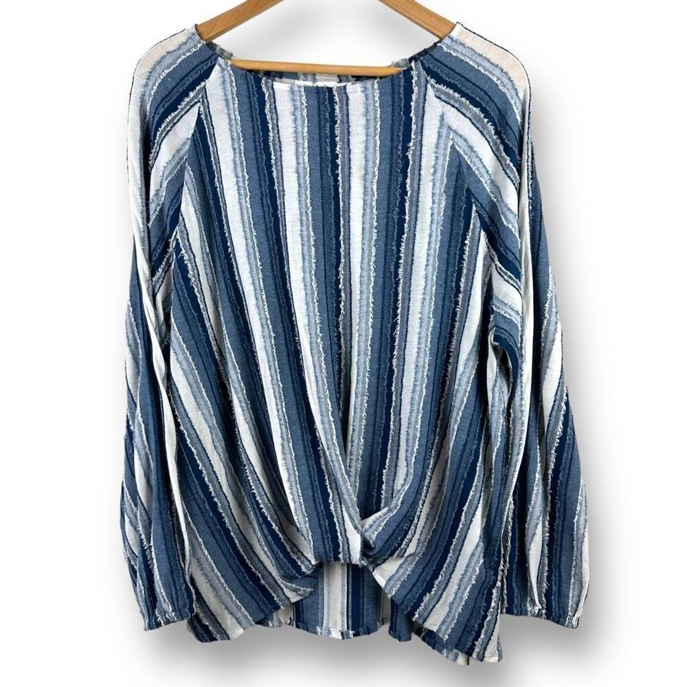 Skye's The Limit Blue White Striped‎ Fringed Twist Hem Top Womens Large L Raglan